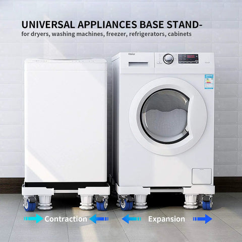 Heavy Duty Washing Machine Base Stand With Built Tough Movable Adjustable Frame, supports washer and dryer, on tiled floor.