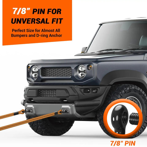 Damn Tough D Ring Shackles 3 4 Inch Beefy Forged Steel Towing Hardware 2 Pack With Safety Pin 9500 Lb Capacity Off Road Rig Ready Recovery Kit For Trucks Suvs Atv Utv close-up of 7/8 inch pin and vehicle front bumper