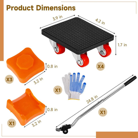 Heavy Duty Furniture Mover Tool Set With 360 Degree Rotation Wheels dimensions showing dolly, sliders, gloves, and lever kit.