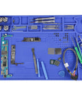 Heat Resistant Soldering Mat With Storage Slots Built In Ruler Magnetic Zones PCB Slot Bendable Silicone Work Surface For Electronics And DIY Projects 17.32 By 12.20 Inches Withstand Up To 932F A Tinker Friendly Pro Grade Desk Pad holding tools and components.