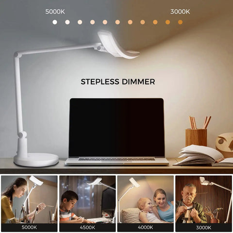 Eye Care Desk Lamp With Auto Dim, CRI 97, and adjustable color temperature on a desk near a laptop, showing 3000K-5000K range.