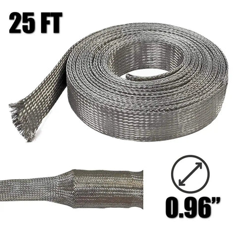 Beefy Heavy Duty 1.5 Inch Flat Tinned Copper Braid Sleeving For EMI RFI Shielding Flexible Wire Mesh 0.96 Inch Diameter 25 Feet Long