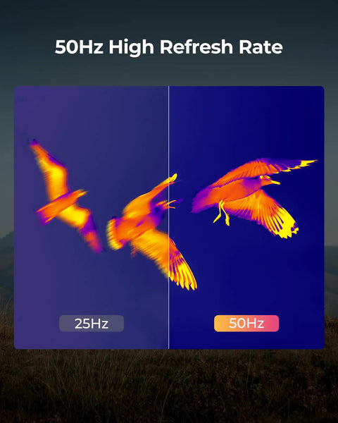 Comparison of thermal imaging showing birds in flight with 25Hz and 50Hz refresh rates using Thermal Imaging Monocular For Night Hunting.