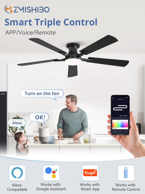 Sleek 52 Inch Smart Ceiling Fan With RGB Smart Lighting And Wifi Voice Control Compatible With Alexa in a modern kitchen setting.