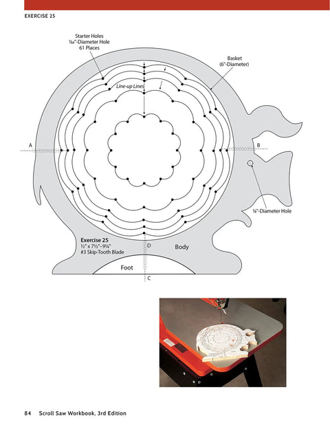 Diagram from Scroll Saw Workbook Third Edition illustrating Exercise 25 for a basket project with cutting instructions.