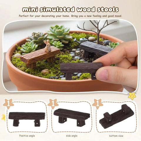 Miniature Bench Set Resin Faux Wood Six Piece for Crafts Micro Landscape Dollhouse and Fairy Garden Accessories 2.20 Inch