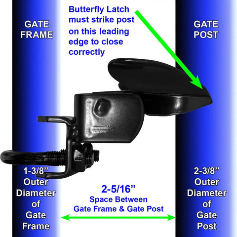 Black Powder Coated Chain Link Fence Butterfly Gate Latch For One And Three Eighths Inch Gate Frame And Two And Three Eighths Inch Gate Post With Padlock Hole Built Tough And Rust Resistant, side view with dimensions.