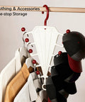 Vertical Closet Storage Hanger With Double Sided V Shaped Hook For Belts Scarves Hats And Ties Clears Daily Clutter On Tight Rods, displaying hats and shirts.