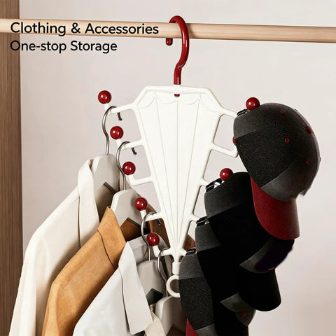 Vertical Closet Storage Hanger With Double Sided V Shaped Hook For Belts Scarves Hats And Ties Clears Daily Clutter On Tight Rods, displaying hats and shirts.