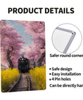 Vintage Steam Train Tin Sign With Cherry Blossom Tunnel And Yellow Wildflowers, 8x12 Inch Metal Plaque, detailed view.