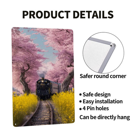 Vintage Steam Train Tin Sign With Cherry Blossom Tunnel And Yellow Wildflowers, 8x12 Inch Metal Plaque, detailed view.