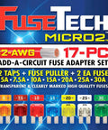Heavy Duty 17 Piece Auto Fuse Box Kit Featuring Add A Circuit Taps Blade Fuses 5 TO 30 Amps with fuse puller and clearly marked fuses.