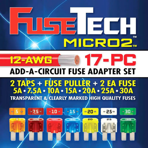 Heavy Duty 17 Piece Auto Fuse Box Kit Featuring Add A Circuit Taps Blade Fuses 5 TO 30 Amps with fuse puller and clearly marked fuses.