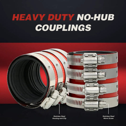 Beefy No Hub Coupling With Red Shield For 2 Inch Cast Iron Sewer Pipe And Fittings, Stainless Steel Bands, Corrugated Shield, ElaStoplast Sealing Gasket, Pack Of 5 shown stacked