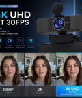 Straight Up Crisp 4K Autofocus USB Webcam For PC With Dual Mics Catching Every Word, showing 4K UHD features and a model.