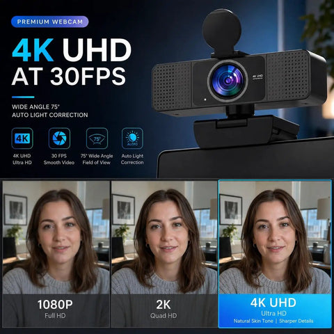 Straight Up Crisp 4K Autofocus USB Webcam For PC With Dual Mics Catching Every Word, showing 4K UHD features and a model.