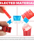 Ultimate Auto Fuse Assortment Kit With Tester And Puller Standard Mini Low Profile Blades 2A To 60A displayed with red and blue fuses.