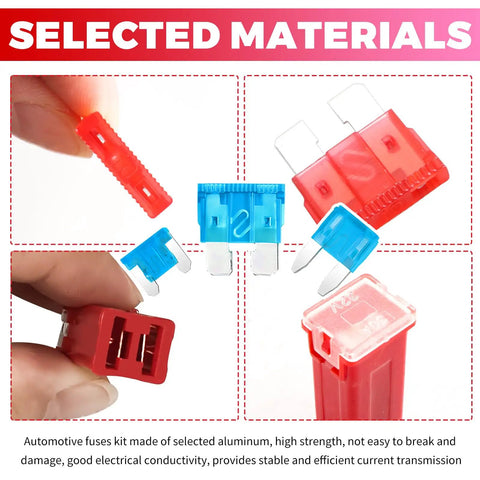 Ultimate Auto Fuse Assortment Kit With Tester And Puller Standard Mini Low Profile Blades 2A To 60A displayed with red and blue fuses.