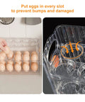 Person placing eggs in 30 Grid Egg Organizer For Refrigerator With 3 Layer Flip Top Design Clear Plastic Reusable Egg Holder