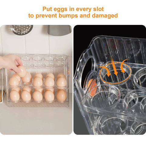 Person placing eggs in 30 Grid Egg Organizer For Refrigerator With 3 Layer Flip Top Design Clear Plastic Reusable Egg Holder