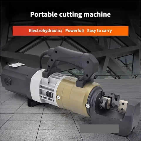 AOXHUGB Portable Electric Rebar Bender And Cutter RC20-25 Hydraulic Steel Bar Tool For Smooth Quick Cuts No Sparks Handheld Compact Action, close-up view of cutting machine.