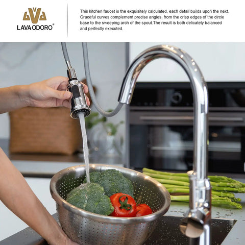 Chrome Pull-Down Kitchen Faucet With Two-Function Sprayer, Single Hole Mount, washing vegetables in a strainer, 17-Inch Tall Spout