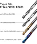 Genmitsu 1/8 in CNC end mill set; ball nose and flat nose bits with titanium and nano blue coats (front view)