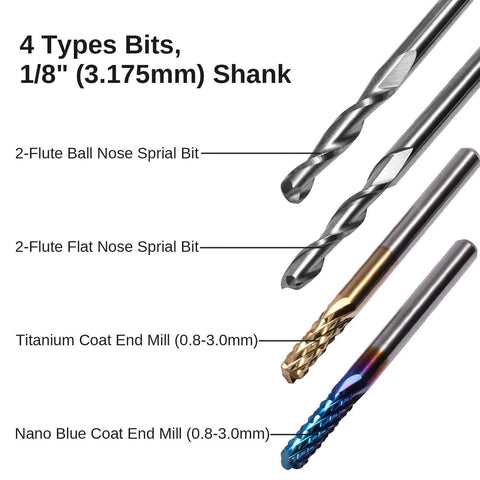 Genmitsu 1/8 in CNC end mill set; ball nose and flat nose bits with titanium and nano blue coats (front view)