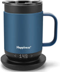 Smooth Operator Smart Self Heating Coffee Mug With Precision Temp Control, blue mug on charging coaster.