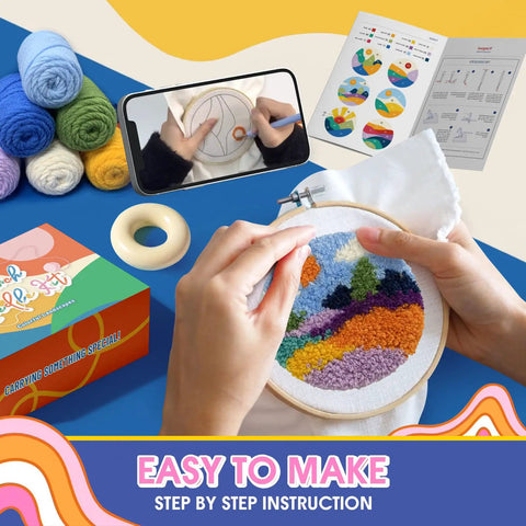 Hands using hoop from Landscape Punch Needle Coaster Kit For Beginners And Adults 6 Patterns Complete Tools Yarns Hoop Felt Pieces Coaster Holder Easy Diy Embroidery Craft Set For Home Decor