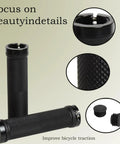 Universal Lock On Bike Handlebar Grips Includes Two End Caps Beefy Aluminum Alloy Lock Rings For A No Slip Grip On Mountain Bikes And Standard Bicycles 22.2mm Inner Diameter Fits Most, showing textured black grips with aluminum lock rings and end caps.