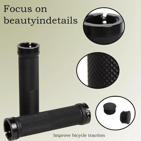 Universal Lock On Bike Handlebar Grips Includes Two End Caps Beefy Aluminum Alloy Lock Rings For A No Slip Grip On Mountain Bikes And Standard Bicycles 22.2mm Inner Diameter Fits Most, showing textured black grips with aluminum lock rings and end caps.