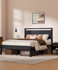 Modern Queen Bed Frame With Solid Wood Headboard And Metal Platform Base, Sturdy Industrial Style Sleeper in a cozy bedroom setting.