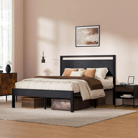 Modern Queen Bed Frame With Solid Wood Headboard And Metal Platform Base, Sturdy Industrial Style Sleeper in a cozy bedroom setting.