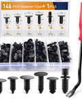 Heavy Duty Nylon Bumper Shield Retainers And Double End Xmas Tree Clips Universal Auto Body Fastener Kit With Bonus Removal Tool arranged in a plastic case.