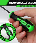 Pro Grade 12 Piece Pick And Hook Tool Set For Auto Mechanics, ergonomic green handle, durable chrome vanadium pick for seals