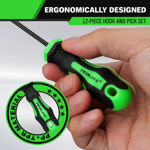 Pro Grade 12 Piece Pick And Hook Tool Set For Auto Mechanics, ergonomic green handle, durable chrome vanadium pick for seals