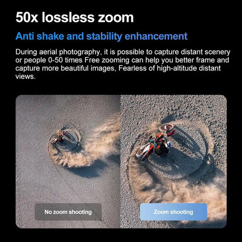 Comparison of no zoom and zoom shooting for HD Drone with Dual Cameras for Aerial Photography, highlighting 50x lossless zoom feature.
