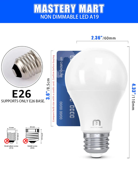 A19 LED Bulbs 60 Watt Equivalent Yet 9W Non Dimmable Flicker Free 800 Lumens Daylight White 5000K E26 Base