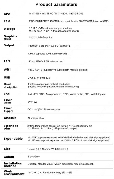 12th Gen Intel N150 Mini PC Barebone Desktop specifications list showing CPU, RAM, storage, and connectivity options.