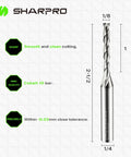 Side view of SHARPRO router bit, 1/8 in spiral upcut, 1/4 in shank, solid carbide