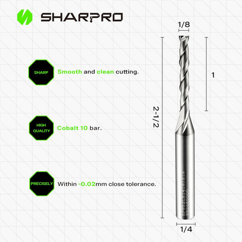 Side view of SHARPRO router bit, 1/8 in spiral upcut, 1/4 in shank, solid carbide