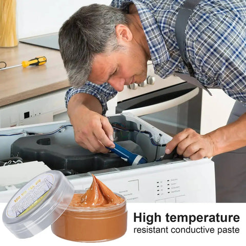 Copper Conductive Grease For Electrical Contacts And Automotive Systems With Extreme Temperature Resistance From Minus Forty To One Thousand Degrees Celsius And Anti Seize Formula For Superior Conductivity And Heavy Duty Lubrication in use during appliance repair.