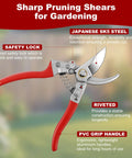 Heavy Duty Garden Pruning Shears Set With Japanese SK5 Steel Blade and ergonomic grips shown up close for tree trimming