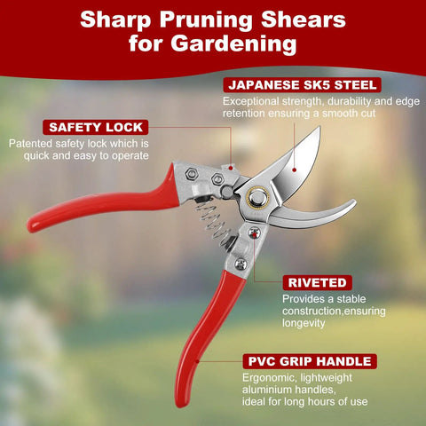 Heavy Duty Garden Pruning Shears Set With Japanese SK5 Steel Blade and ergonomic grips shown up close for tree trimming