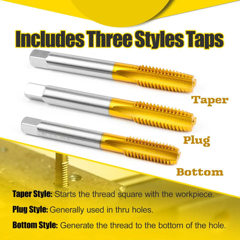 Three Eighths Inch 16 UNC Thread Tap Set Right Hand HSS High Speed Steel Taps Taper Plug Bottoming For Through Holes