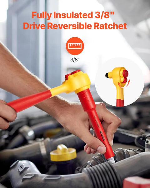 Fully insulated 3/8" drive reversible ratchet from Hardcore 16-Piece Insulated Socket Set for safe electrical repairs.