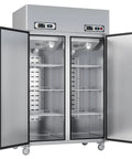 Top Shelf Commercial Fridge And Freezer Combo With Wifi Smart Control Dual Zone 36 Cu Ft Upright Stainless Steel Cooler open doors showing shelves.