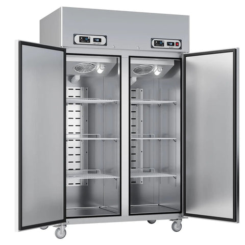 Top Shelf Commercial Fridge And Freezer Combo With Wifi Smart Control Dual Zone 36 Cu Ft Upright Stainless Steel Cooler open doors showing shelves.