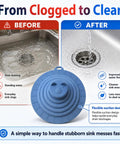 Six Inch Sleek Silicone Tub Stopper, Heavy Duty Bathtub Drain Plug With Rock Solid Suction Grip, Reusable No Fuss Anti Clog Kitchen Sink And Shower Cover, Blue, shown before and after use.